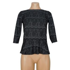 ANN TAYLOR Peplum Top PXS Petites Womens Black Lace 3/4 Sleeves
